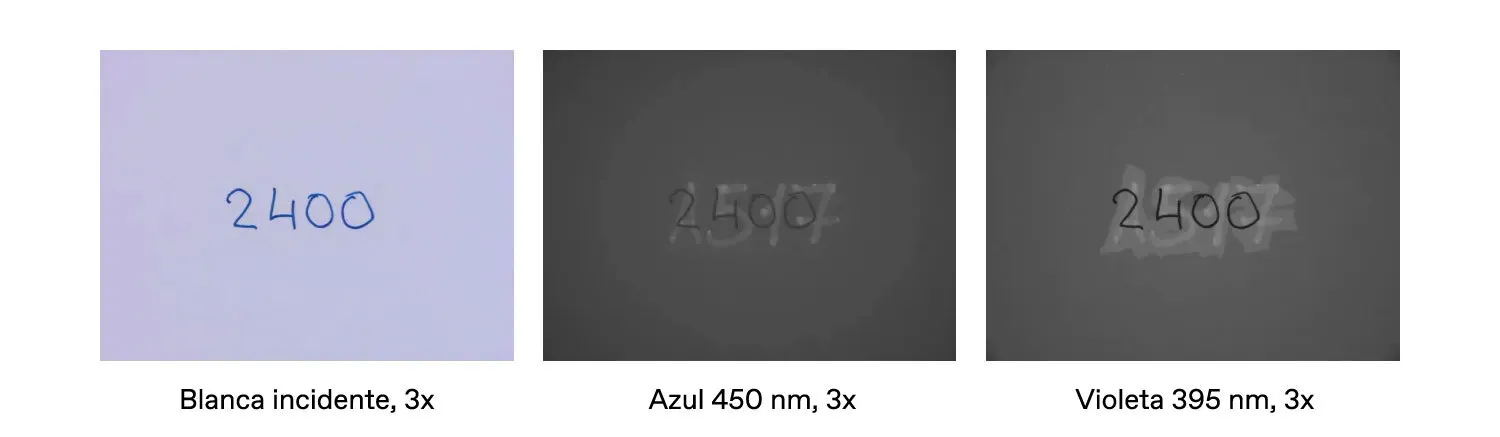 Ejemplo de detección de alteraciones realizadas mediante grabado bajo diferentes fuentes de luz.